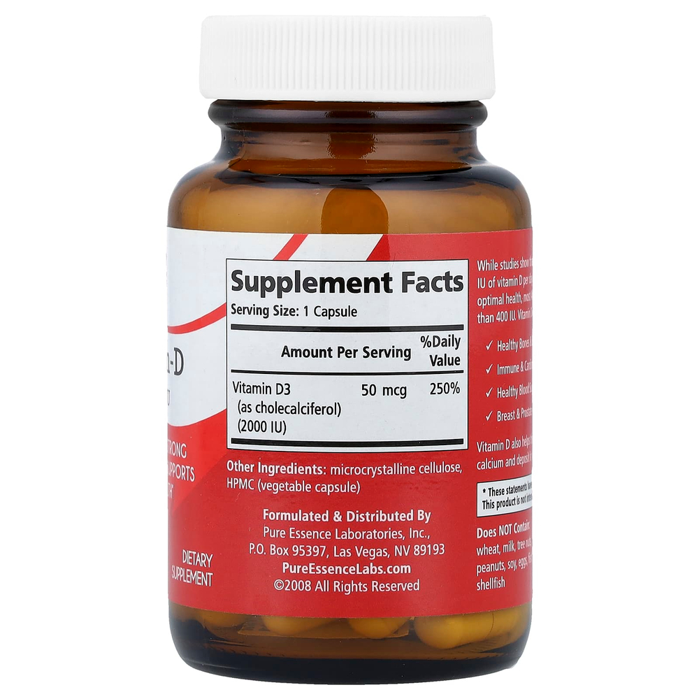 Pure Essence, витамин D, 2000 МЕ, 30 вегитарианских капсул