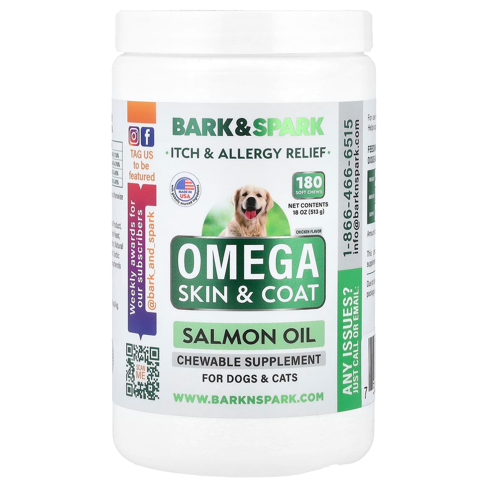 Bark&Spark, Omega Skin & Coat, лососевый жир, для собак и кошек, курица, 180 жевательных таблеток, 513 г (18 унций)