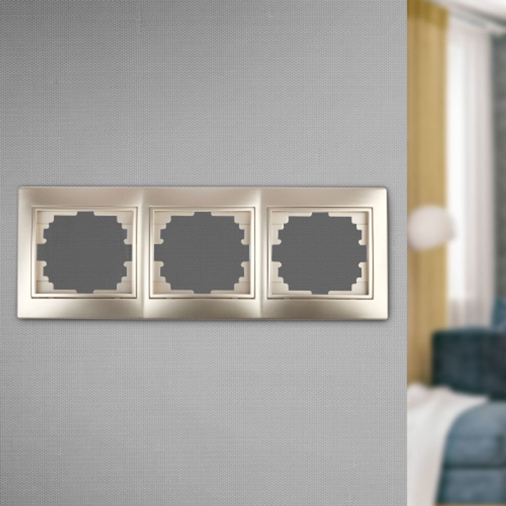 Рамка для розеток и выключателей Intro Plano 1-503-04 на 3 поста горизонтальная, СУ, шампань