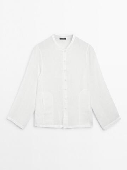 Massimo Dutti Рубашка из 100% льна с воротником-стойкой, белый