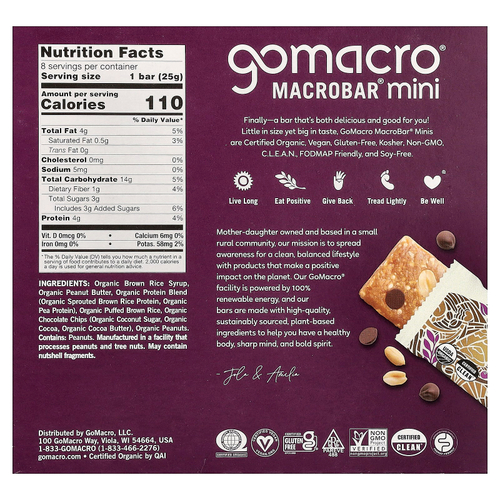 GoMacro, MacroBar® мини, арахисовая паста и шоколадная крошка, 8 батончиков по 25 г (0,9 унции)