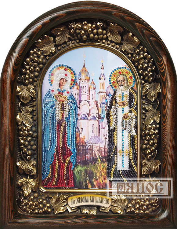Преподобный Серафим и Божия Матерь "Умиление", дивеевская икона из бисера, камни, размер 11х14 см