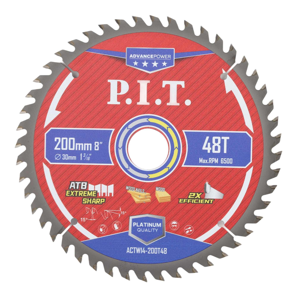 Диск пильный по дереву PIT  200x30x1,4 мм, 48T Carbide, зуб ATB 15° (ACTW14-200T48)