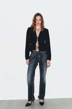 ZARA БЛУЗА ИЗ КРЕПА С БАРХАТНЫМИ БАНТАМИ, ЧЕРНЫЙ