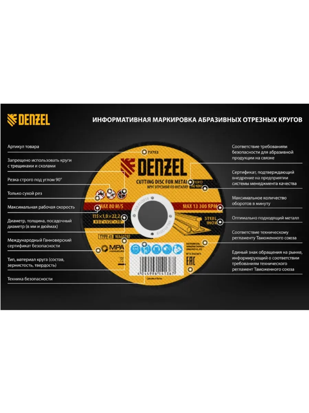 Диск отрезной по металлу 125х1мм 5шт Denzel