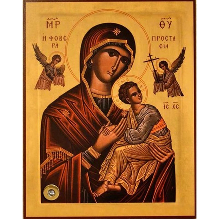 Страстная икона Божьей Матери на деревянной доске с мощевиком.