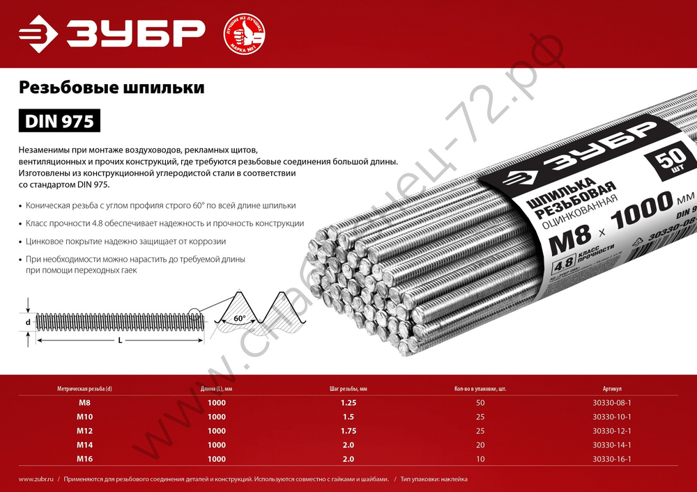 ЗУБР DIN 975 кл. пр. 4.8, М8 x 1000 мм, резьбовая шпилька, цинк, 50 шт (30330-08-1)