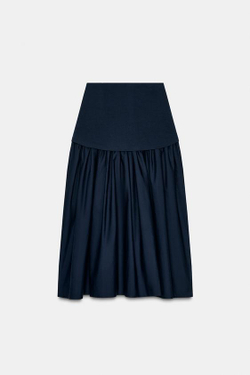 ZARA ЮБКА МИДИ ИЗ ИНТЕРЛОКА С КОНТРАСТНЫМИ ДЕТАЛЯМИ, МОРСКОЙ СИНИЙ