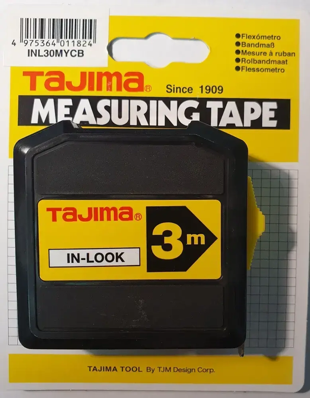 Рулетка TAJIMA In Lock (INL30MY) 3м/13мм, с окошком для внутренних измерений,2-х сторонняя шкала