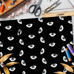 Ткань габардин серые кошачьи глаза на чёрном фоне