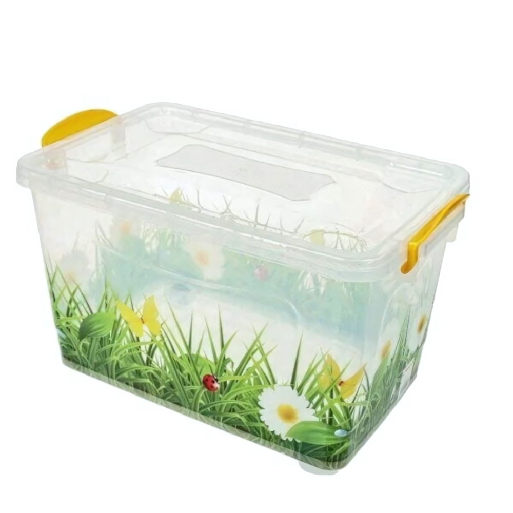 Контейнер для хранения №7 (50л) на колесах, прозрачный с рисунком ТРАВА, БАБОЧКА