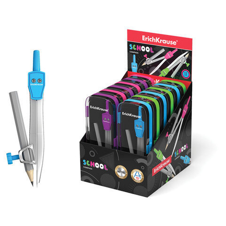 Циркуль ERICH KRAUSE "School", с карандашом, 123 мм, футляр, ассорти, дисплей, 45026