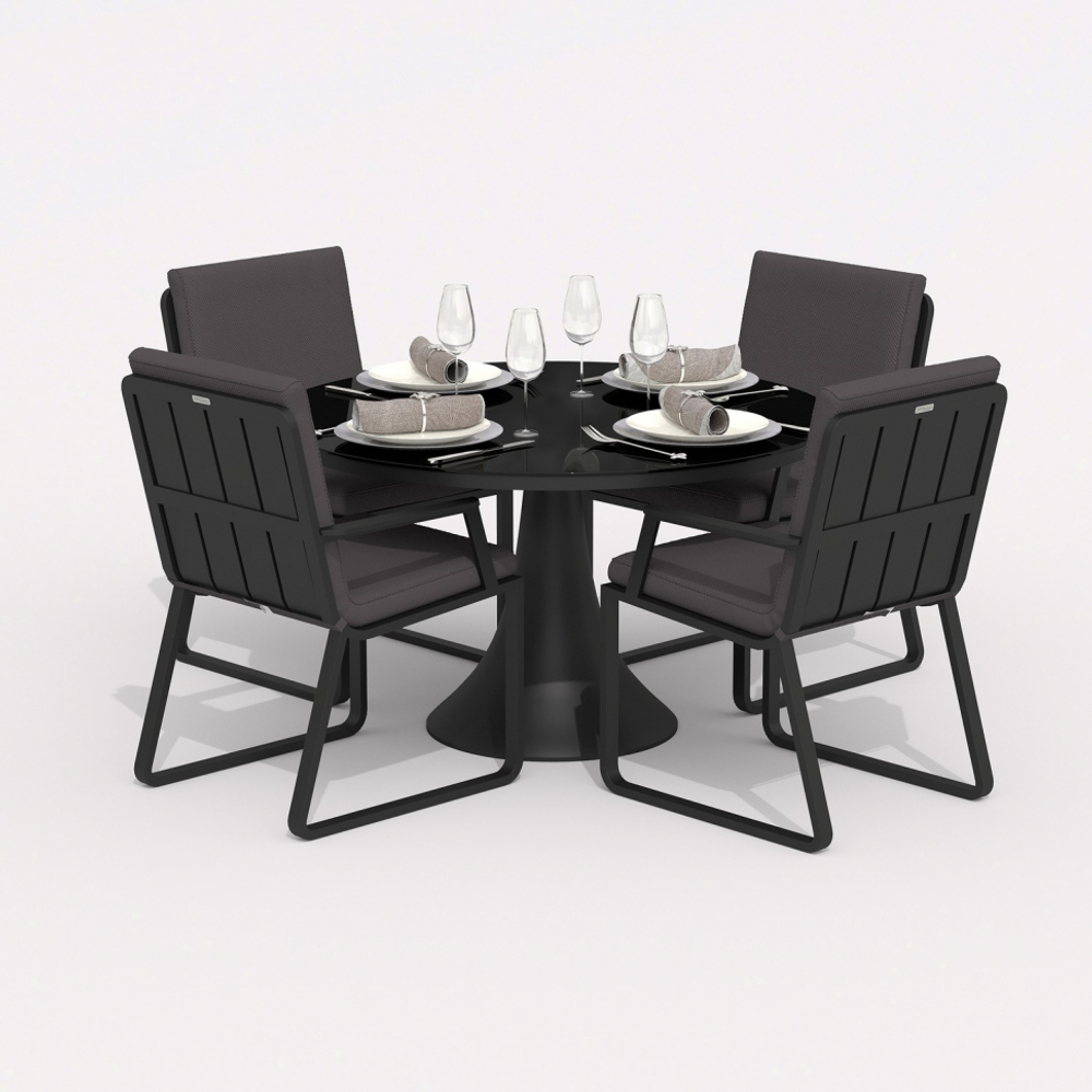 Обеденная группа Ideal Patio ДИВА АЛЬБА  каркас карбон, стол стекло диа 110, ткань антрацит