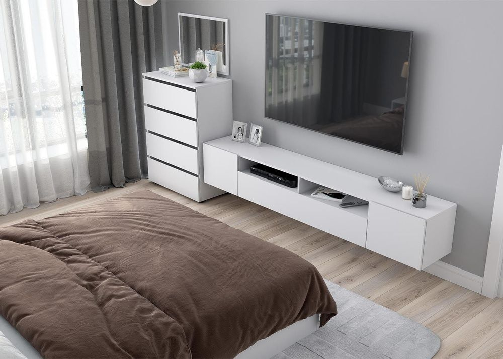 Тумба под телевизор подвесная Белый, Токио, 200х34х35 см Астрид-Мебель