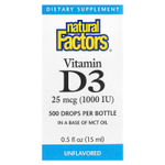 Natural Factors, Витамин D3 в каплях, без ароматизаторов, 25 мкг (1000 МЕ), 15 мл (0,5 жидкой унции)