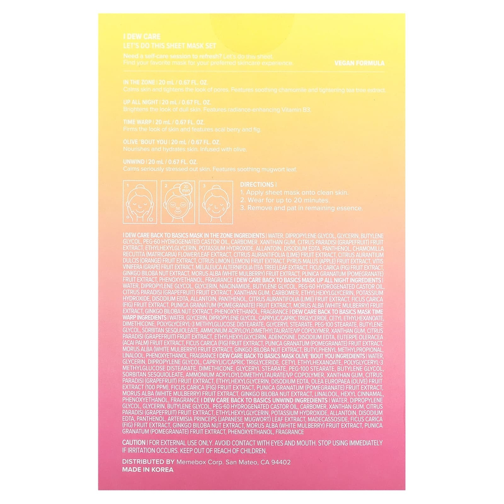 I Dew Care, Let's Do This Sheet, 5-дневный набор тканевых масок, 5 масок, по 20 мл (0,67 жидк. унц.)