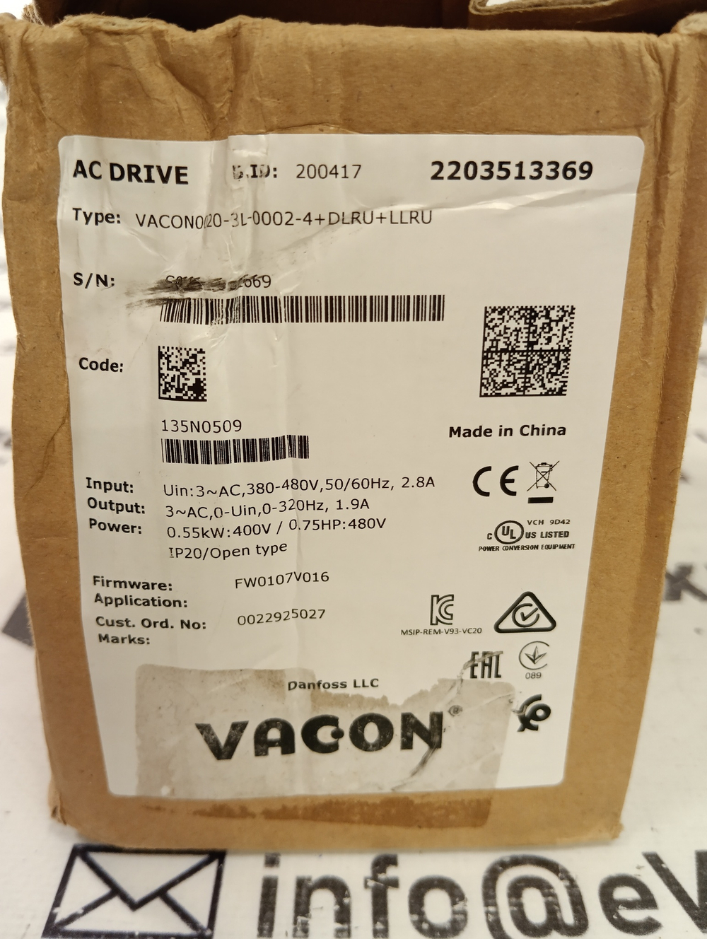Vacon VACON0020-3L-0002-4+DLRU+LLRU б/у
