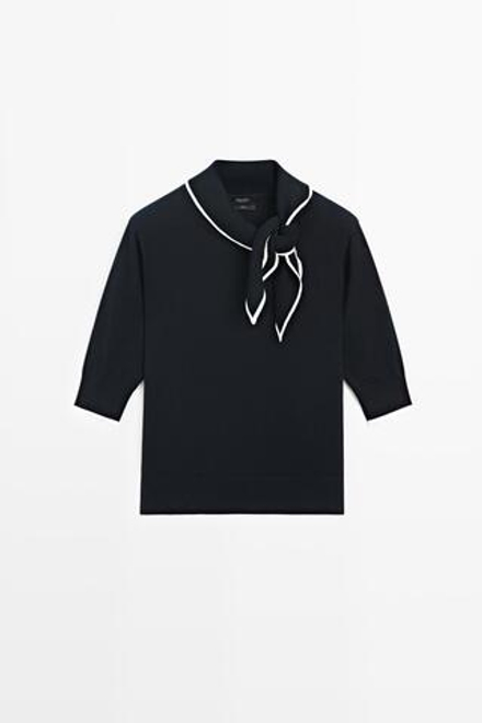 Massimo Dutti Хлопковый джемпер с декоративным бантом, темно-синий