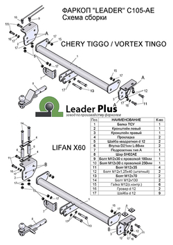 Фаркоп(прицепное) Лидер-Плюс для CHERY TIGGO 2005- ,LIFAN X60 2011- (паспорт и сертификат в комплекте)(без электрики)C105-AE