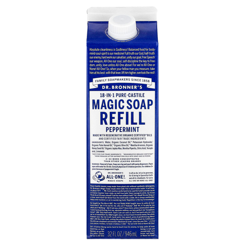 Dr. Bronner's, Pure-Castile Magic Soap, 18 в 1, сменная упаковка, перечная мята, 946 мл (32 жидк. унции)