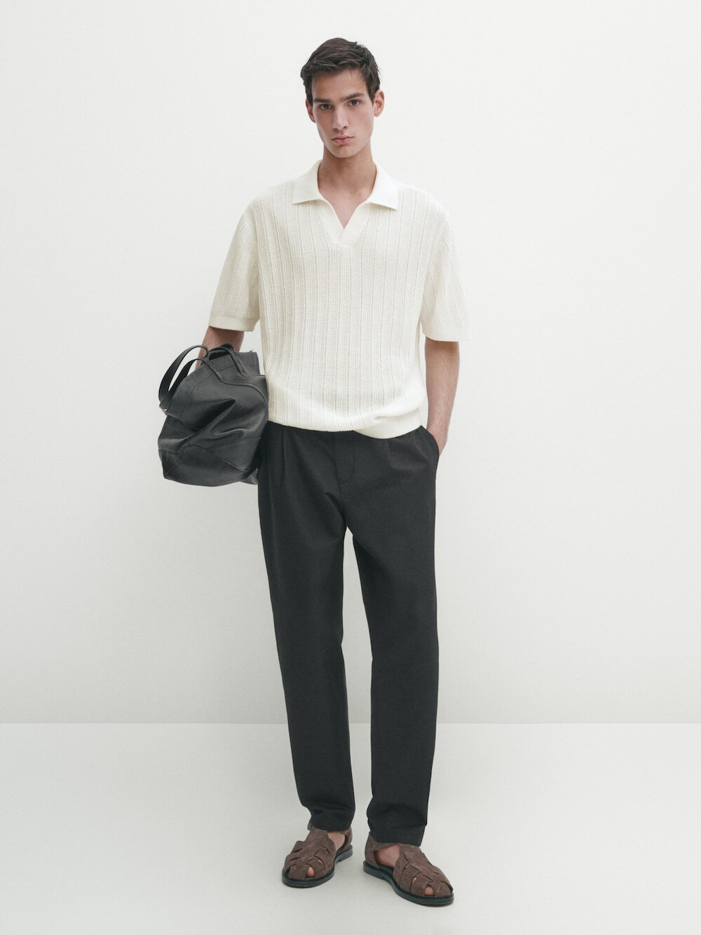 Massimo Dutti Поло в рубчик с короткими рукавами, натуральный, кремовый