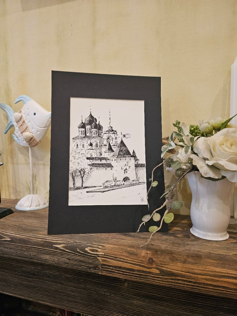 Картина, графика в паспарту 21х30 см на стену для интерьера "Псковский Кром"