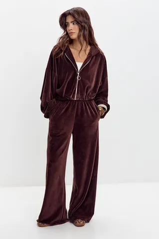 Худи на молнии из велюровой ткани шоколадного цвета