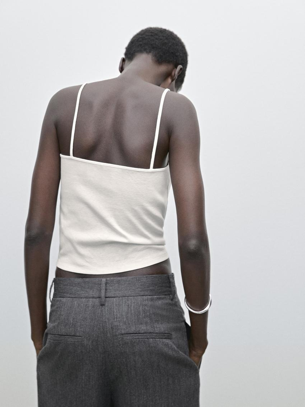 Massimo Dutti Трикотажный топ на бретелях с кружевом, натуральный, кремовый