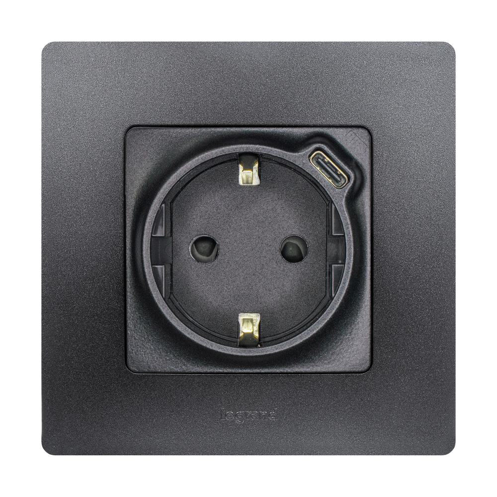 Розетка с заземлением с USB тип C со шторками 16А 250В 1500мА 7,5Вт антрацит ETIKA Legrand