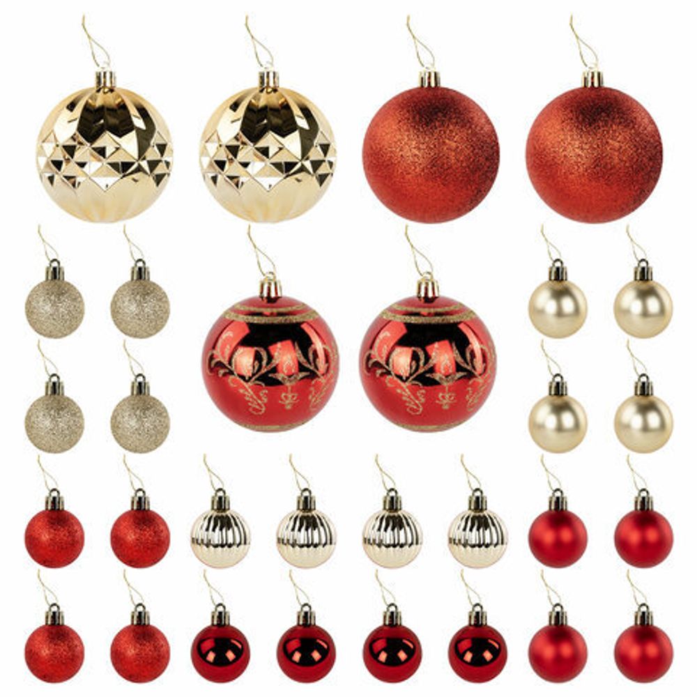Шары ёлочные НАБОР 30 шт., 8 см/4 см, "Red&Gold", пластик, красные/золото, ЗОЛОТАЯ СКАЗКА, 592168