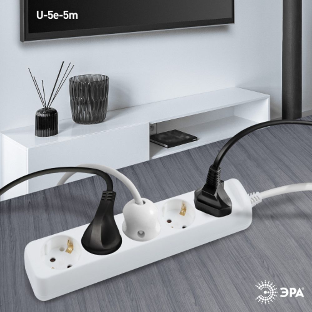 Удлинитель электрический ЭРА U-5e-5m-3x1,5 с заземлением 5 розеток 5м ПВС 3x1,5мм2 16А | Бытовые удлинители