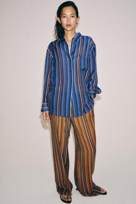 ZARA БРЮКИ В ПОЛОСКУ В ПИЖАМНОМ СТИЛЕ — ZW COLLECTION, КАРАМЕЛЬНЫЙ