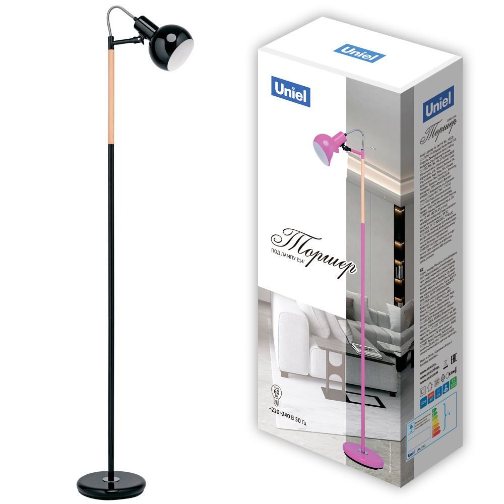 UML-T702 E14 BLACK Торшер напольный под лампу Е14. 60W. с регулировкой наклона. Механический выключатель. Черный. ТМ Uniel