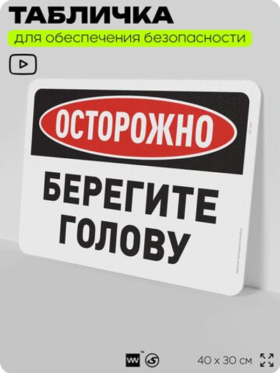 Табличка для обеспечения безопасности "Осторожно, берегите голову", для офиса, по охране труда для предприятия, организаций, 40х30 см, Silver Plane x Айдентика Технолоджи