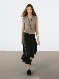 Massimo Dutti Расклешенная юбка миди с декоративной строчкой, черный