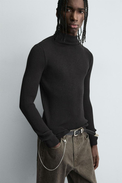 ZARA СВИТЕР В РУБЧИК С ВОРОТНИКОМ-СТОЙКОЙ, ЧЕРНЫЙ