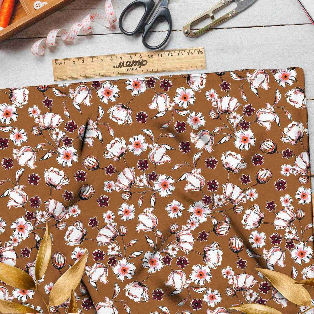 Ткань шифон цветы на бежевом