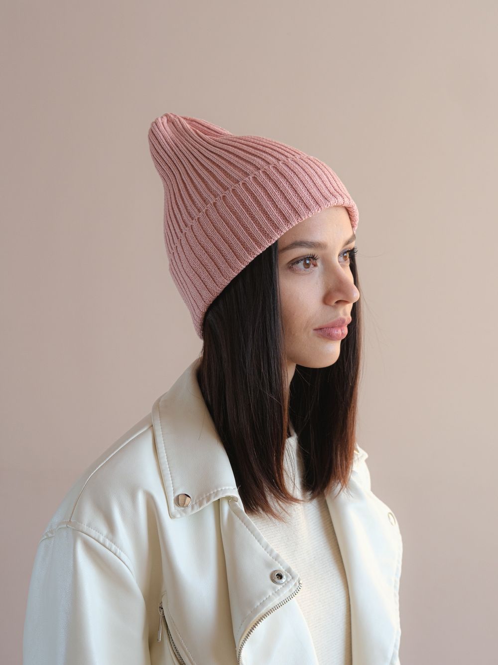Шапка вязаная-резинка весенняя/осенняя хлопковая КЭП(Розовый персик)