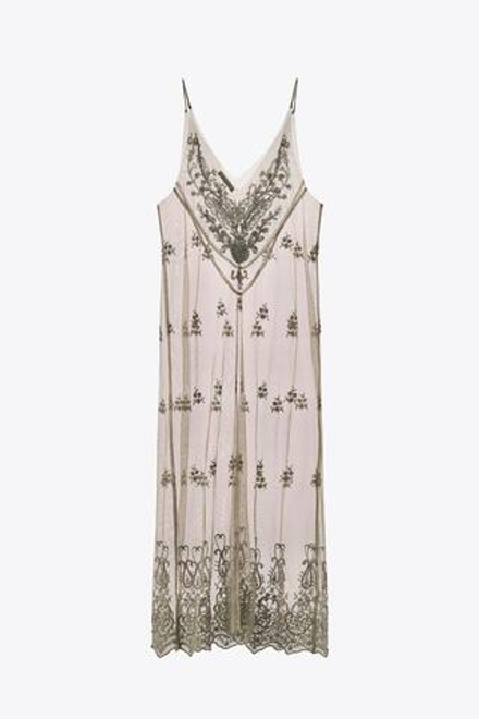 ZARA ПЛАТЬЕ ИЗ ПОЛУПРОЗРАЧНОЙ ТКАНИ С ВЫШИВКОЙ И БУСИНАМИ, СЕРО-КОРИЧНЕВЫЙ
