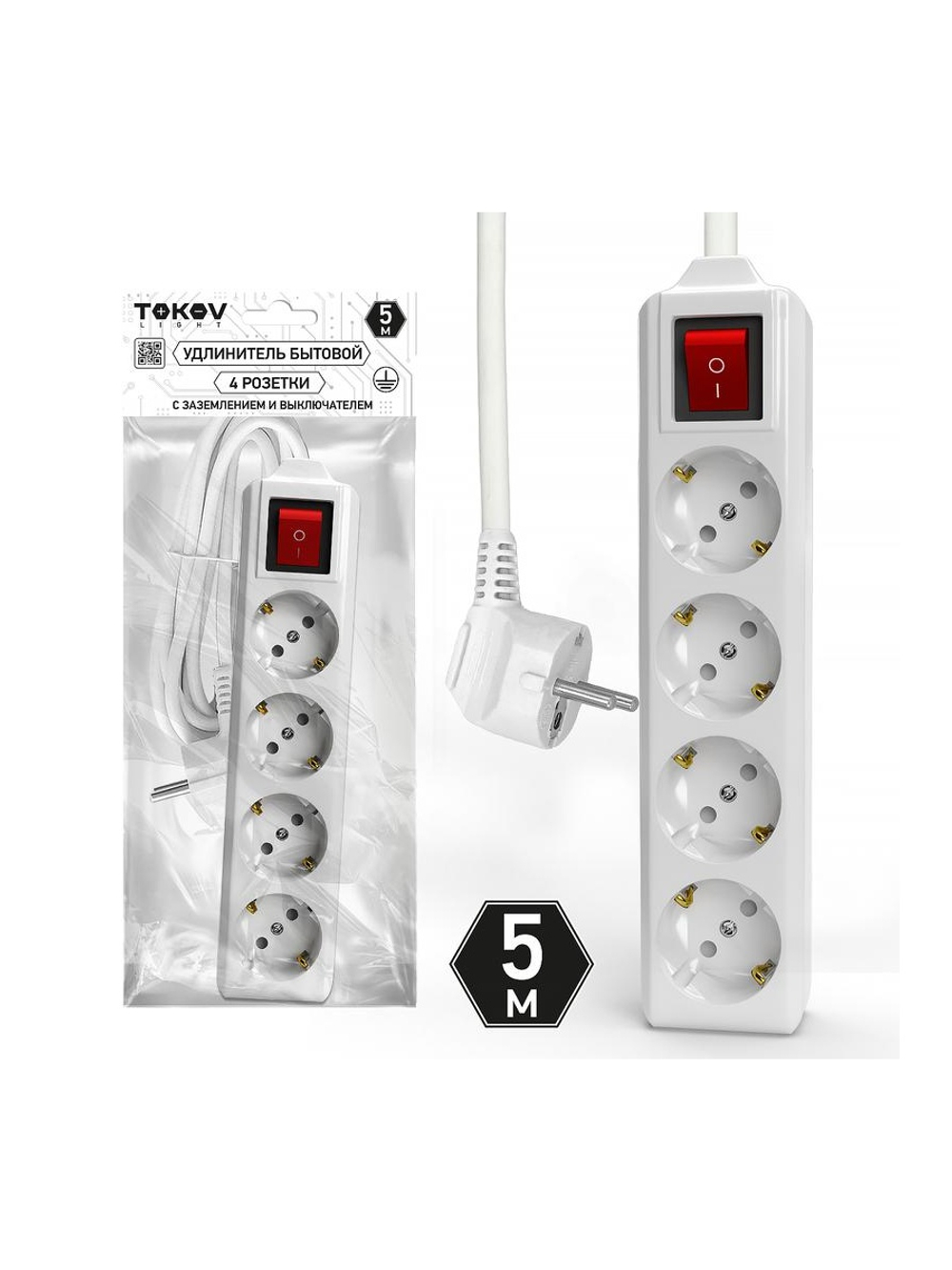 Удлинитель 4х5м с заземл. с выкл. 10А 3х1.5 TOKOV LIGHT TKL-C01-BU4-5-1.5-ZV