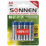 Батарейки комплект 4 шт. SONNEN Super Alkaline АА (LR6 15А) алкалиновые пальчиковые блистер (12 штук в упаковке)