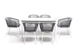 "Малага" обеденная группа на 6 персон со стульями "Марсель", каркас белый, роуп светло-серый