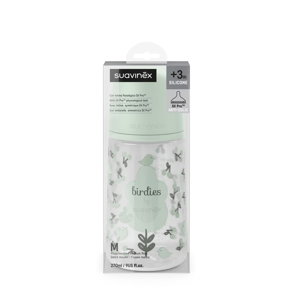 Бутылочка для кормления Suavinex Birdies 270 мл, голубая, 3 мес+