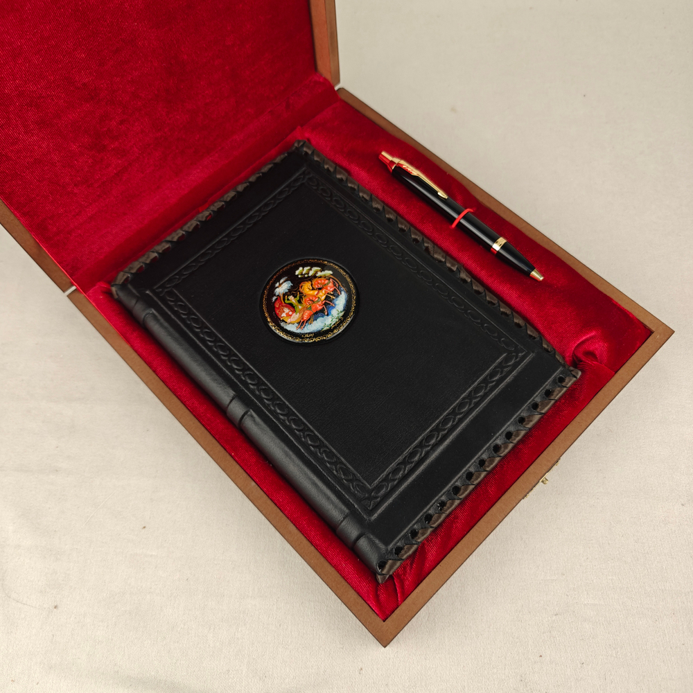 Ежедневник А5 "Русская тройка" (обложка из натуральной кожи) с росписью Палех и ручкой в футляре