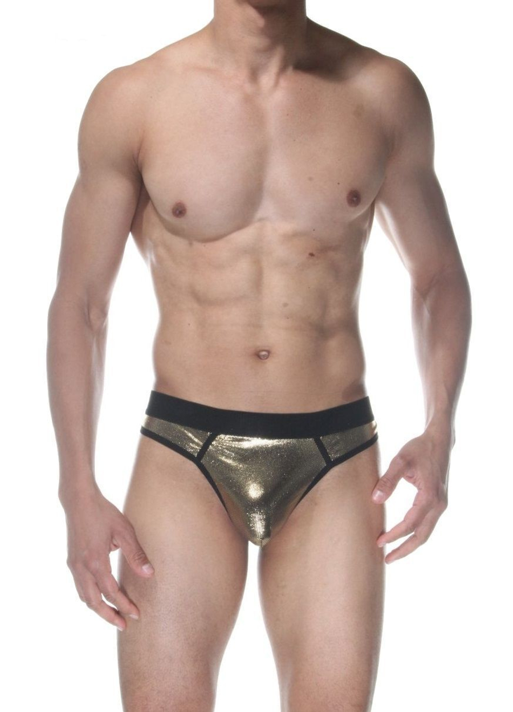 Золотистые блестящие мужские трусы-стринги (Размер: XL) (Цвет: золотистый)