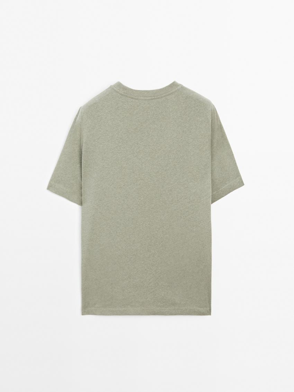 Massimo Dutti Футболка с коротким рукавом из смесового льна, водянисто-зеленый