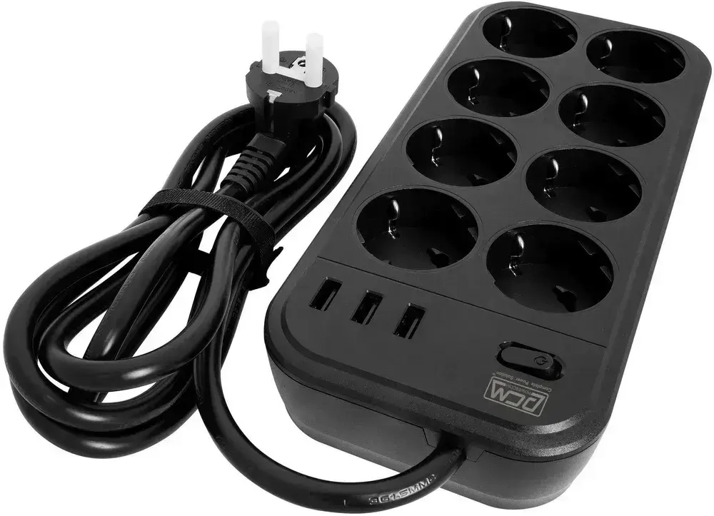 Сетевой фильтр Powercom SP-08 USB03AB 1,8 m 1.8м (8 розеток) черный (коробка)