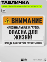 Табличка для обеспечения безопасности "Внимание, максимальная загрузка опасна для жизни", для офиса, по охране труда для предприятия, организаций, 40х30 см, Silver Plane x Айдентика Технолоджи