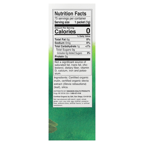 Swanson, сертифицированный органический экстракт стевии, 75 пакетиков, 75 г (2,65 унции)