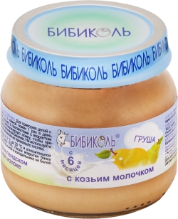 БИБИКОЛЬ фруктово-молочное пюре «Груша с козьим молочком» гомогенизированное, стерилизованное, для питания детей с 6 мес, стекло 80гр, блок 6шт.